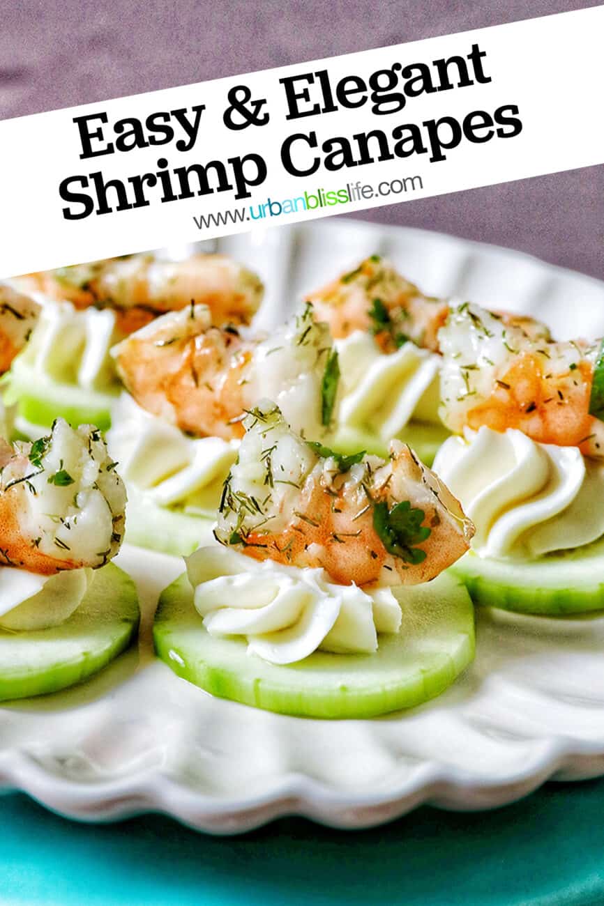 shrimp cucumber cream cheese appetizers on a scalloped plate with title text overlay.