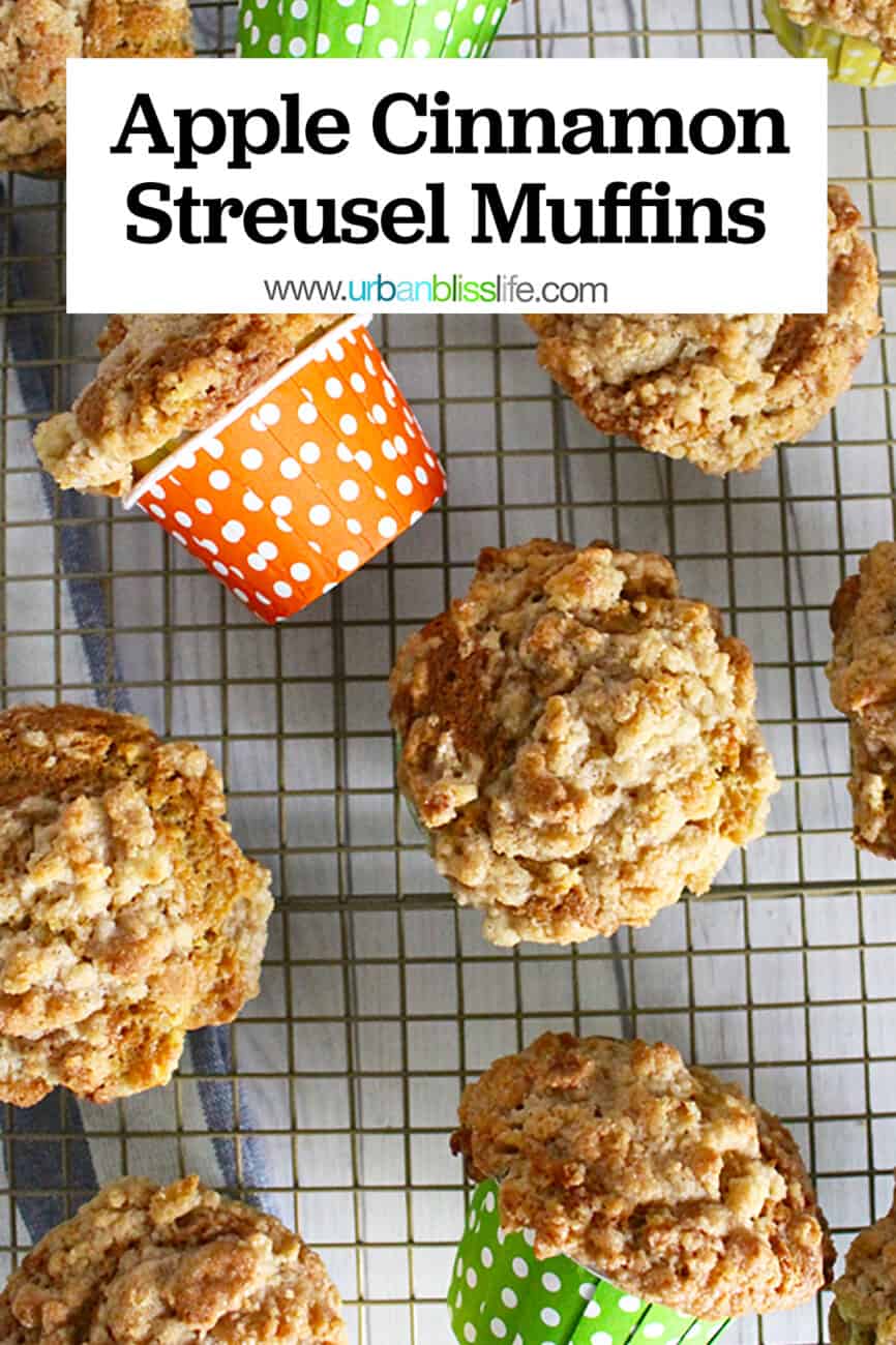 several cinnamon streusel muffins with text overlay.