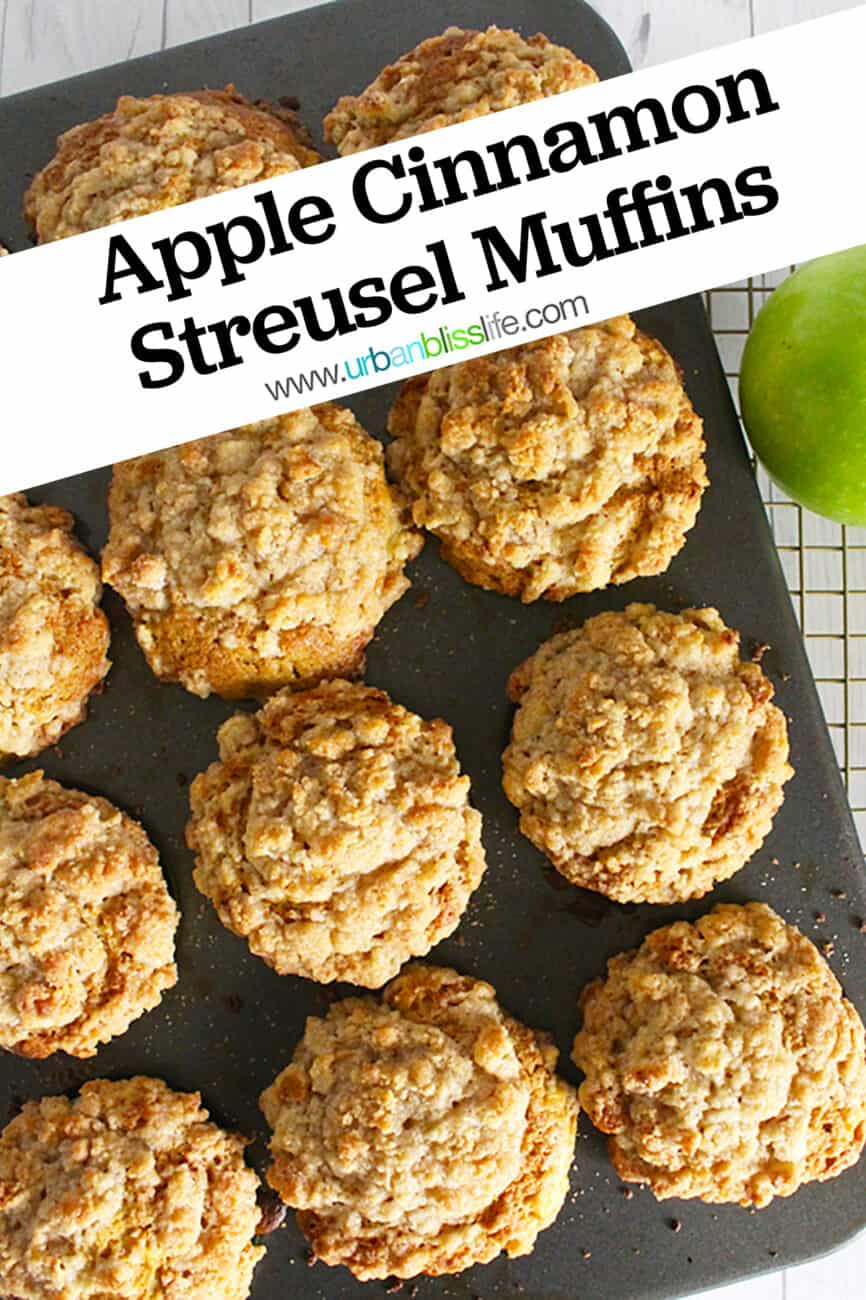 several cinnamon streusel muffins with text overlay.