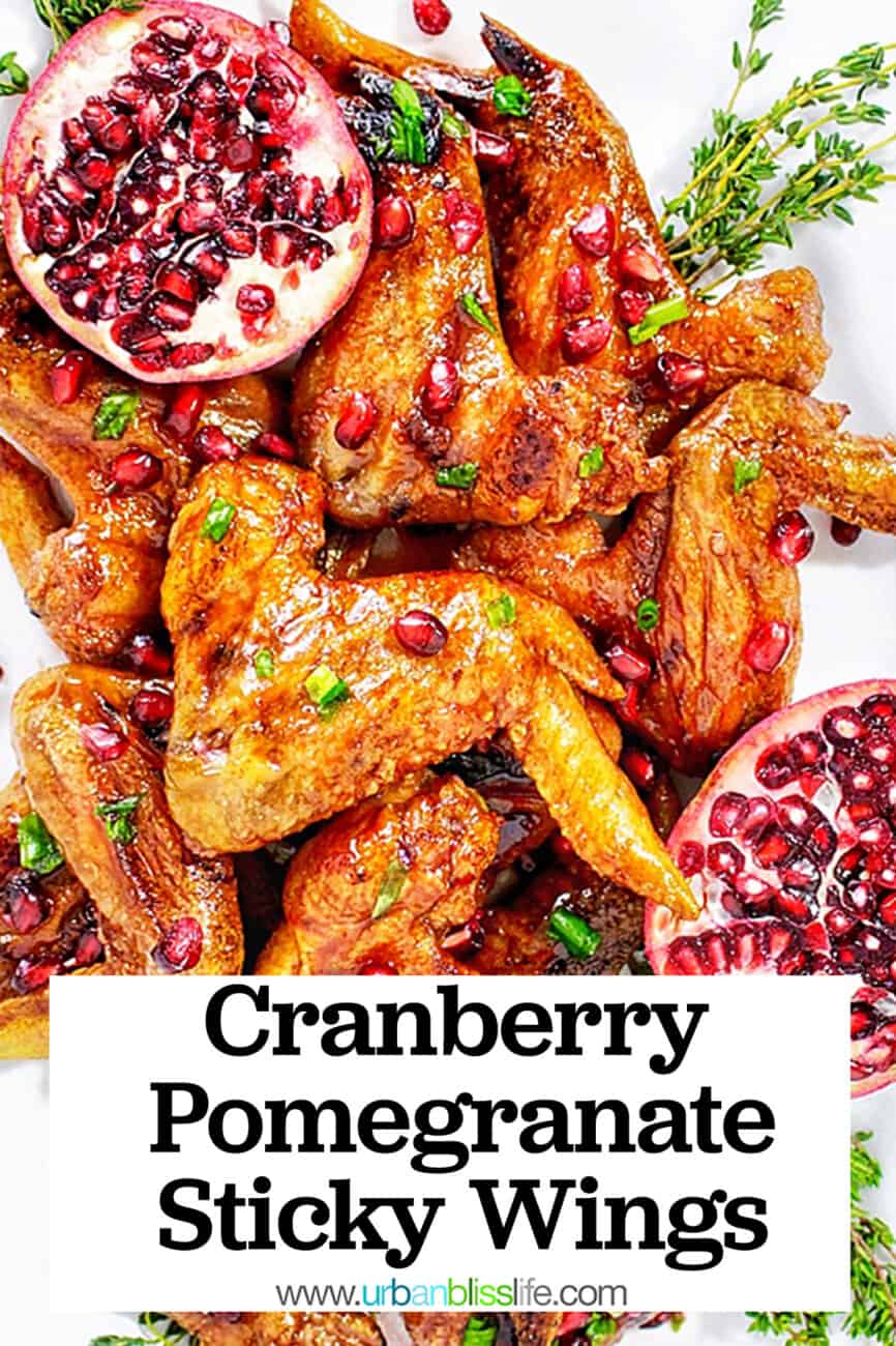 cranberry pomegranate sticky wings with title text overlay.