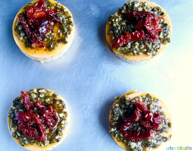 "Cheesy" Vegan Tomato Pesto Bites recipe and Daiya Giveaway on UrbanBlissLife.com