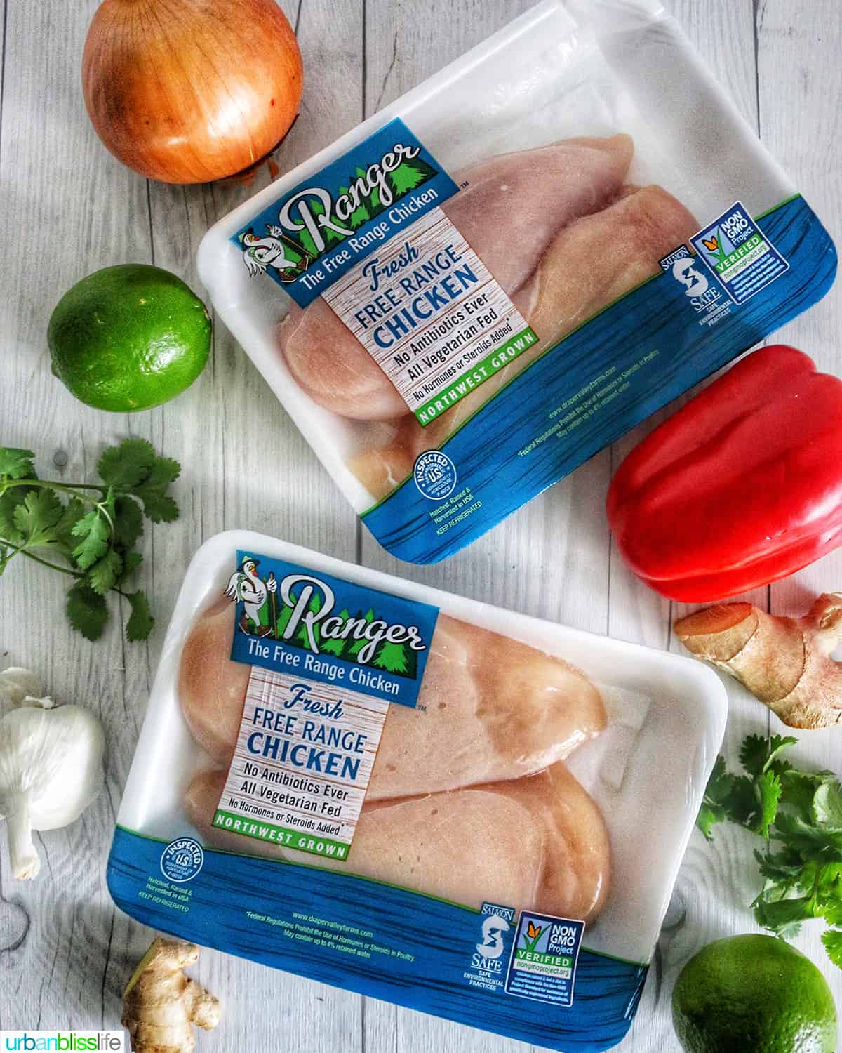 two packages of chicken surrounded by fresh vegetables.
