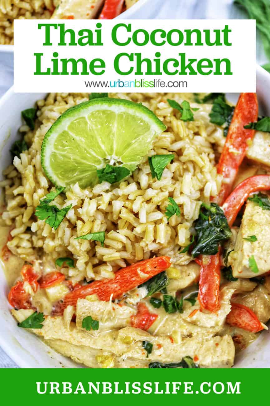 Thai coconut lime chicken with red bell pepper slices and lime slices over rice in a bowl with title text overlay.