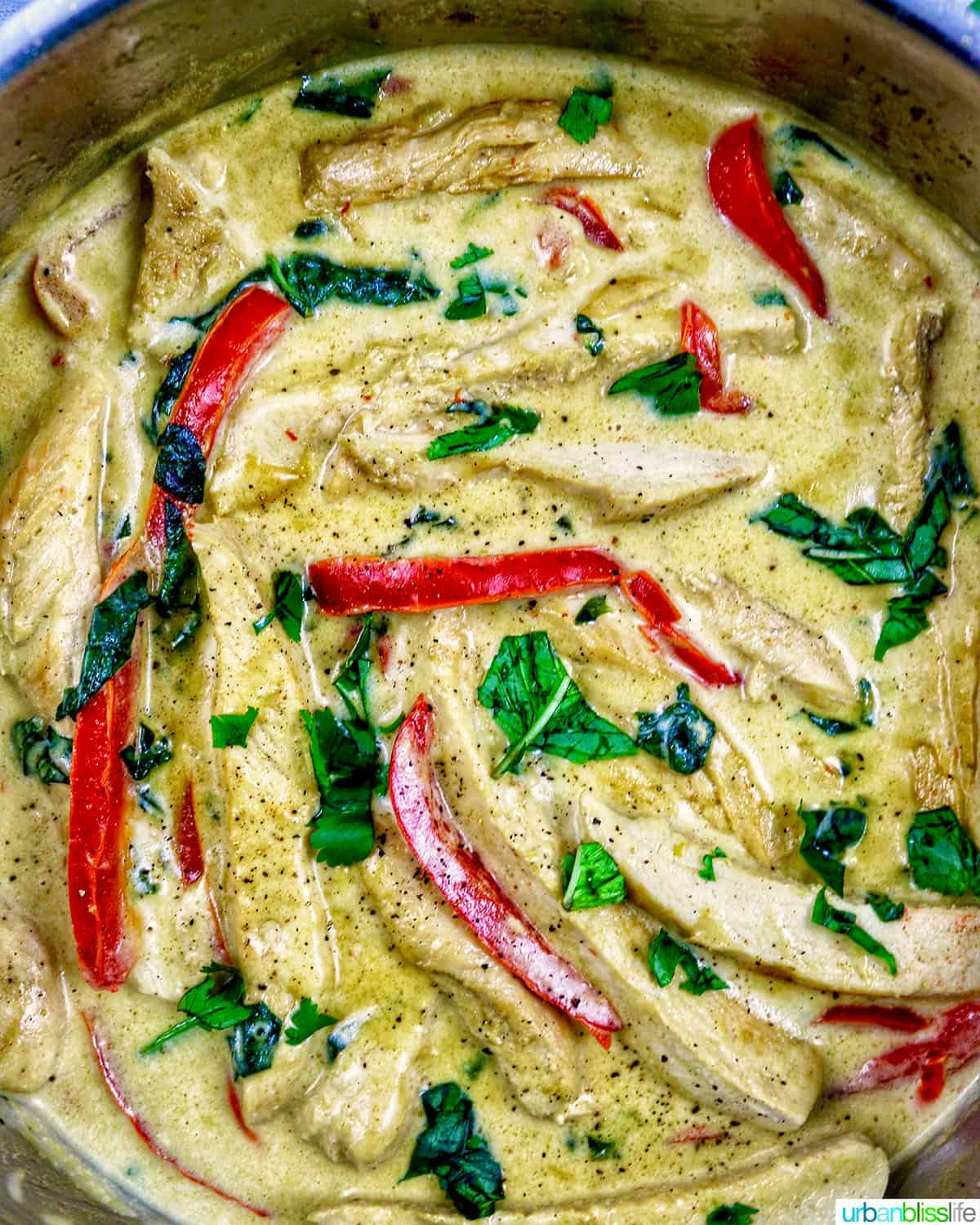 chicken, red bell peppers, cilantro simmering in coconut milk cream sauce in a pan.