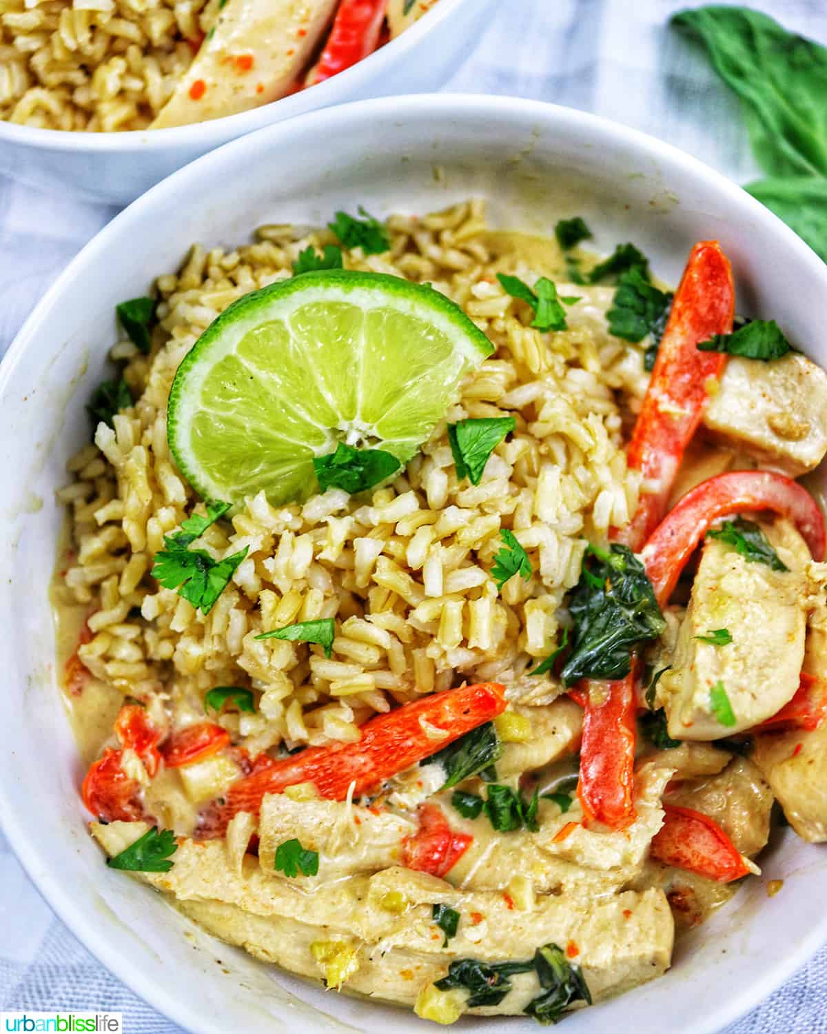 Thai coconut lime chicken with red bell pepper slices and lime slices over rice in a bowl.