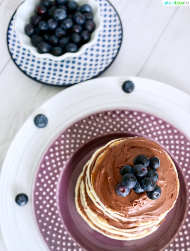 Pancake Cake Stacks with Dairy-Free Chocolate Frosting recipe on UrbanBlissLife.com