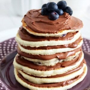 Pancake Cake Stacks with Dairy-Free Chocolate Frosting recipe on UrbanBlissLife.com