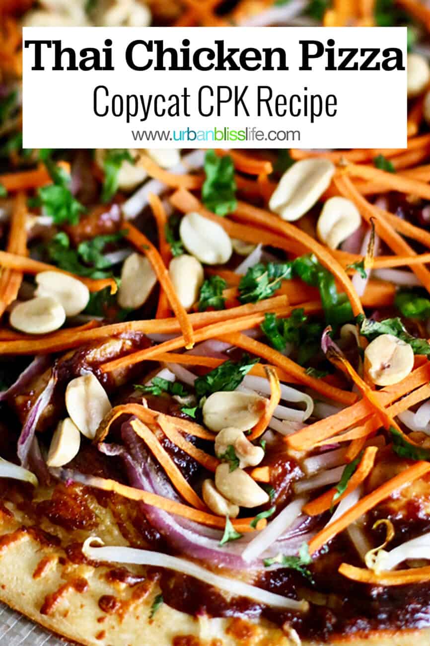 CPK Thai Chicken Pizza with carrots, peanuts, red onions with text that reads Thai Chicken Pizza.