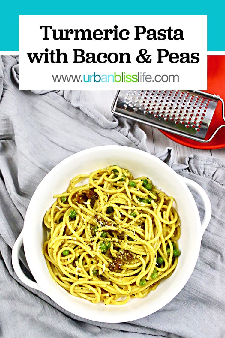 Turmeric pasta with bacon and peas