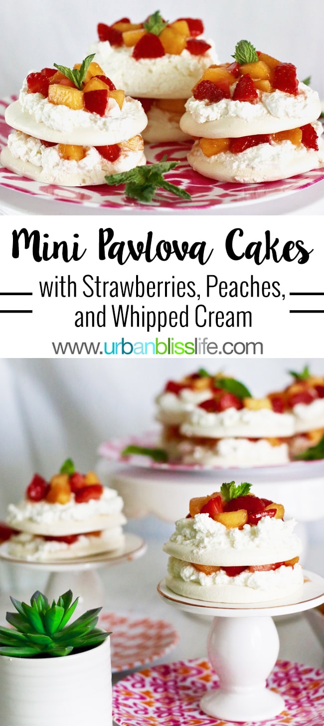 Pavlova Mini Cakes with Strawberries, Peaches, and Cream recipe on UrbanBlissLife.com