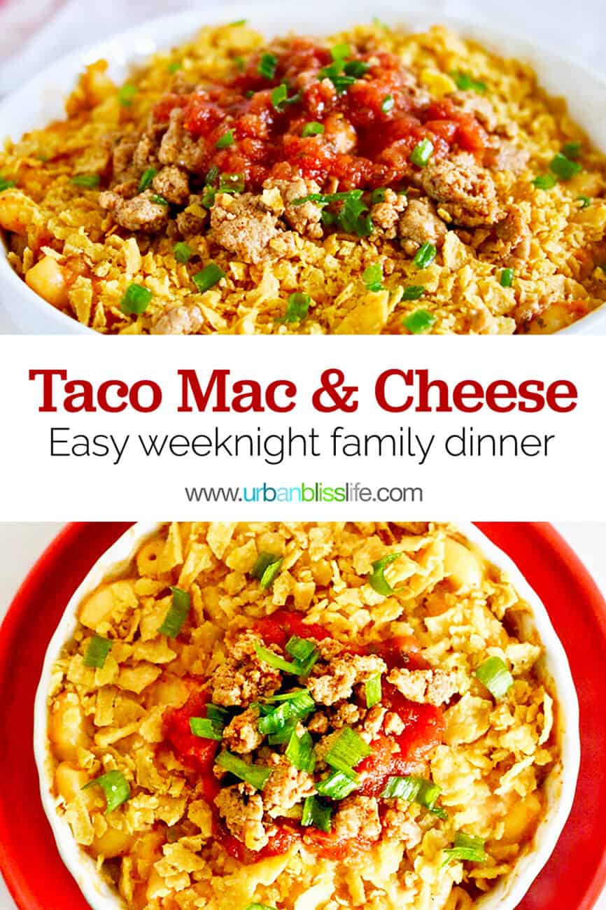 bowl of taco mac and cheese with crushed tortilla chips, tomatoes, and cilantro on an orange plate with title text that reads "Taco Mac and Cheese."