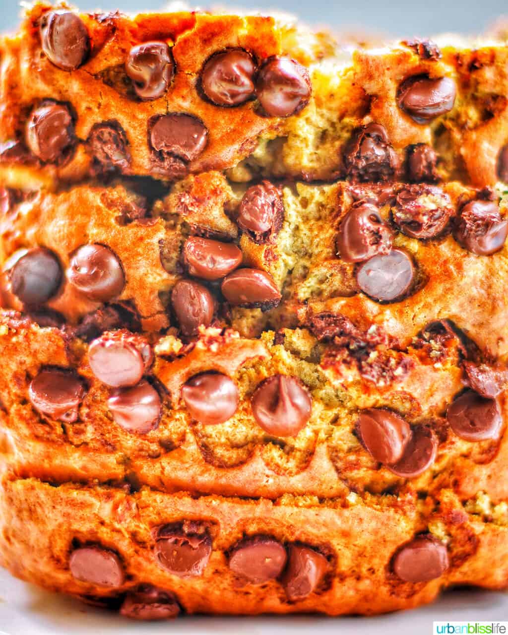 chocolate chip banana bread with lots of chocolate chips.