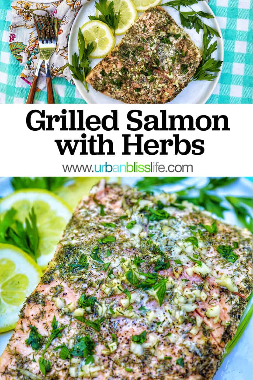 grilled salmon with lemon slices, garlic, and herbs on a checkered tablecloth with title text overlay.