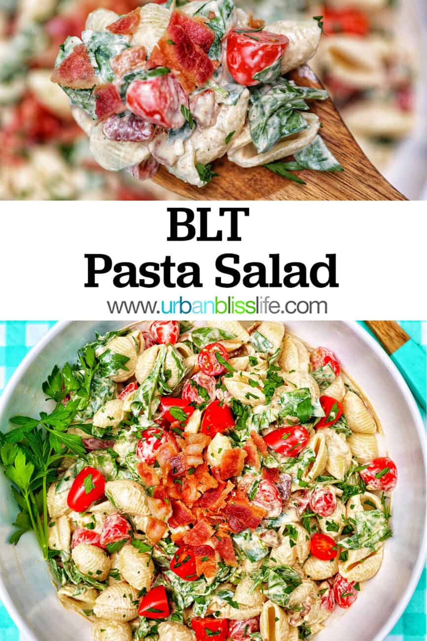 BLT pasta salad in a white bowl with wooden serving spoons overhead and title text overlay.