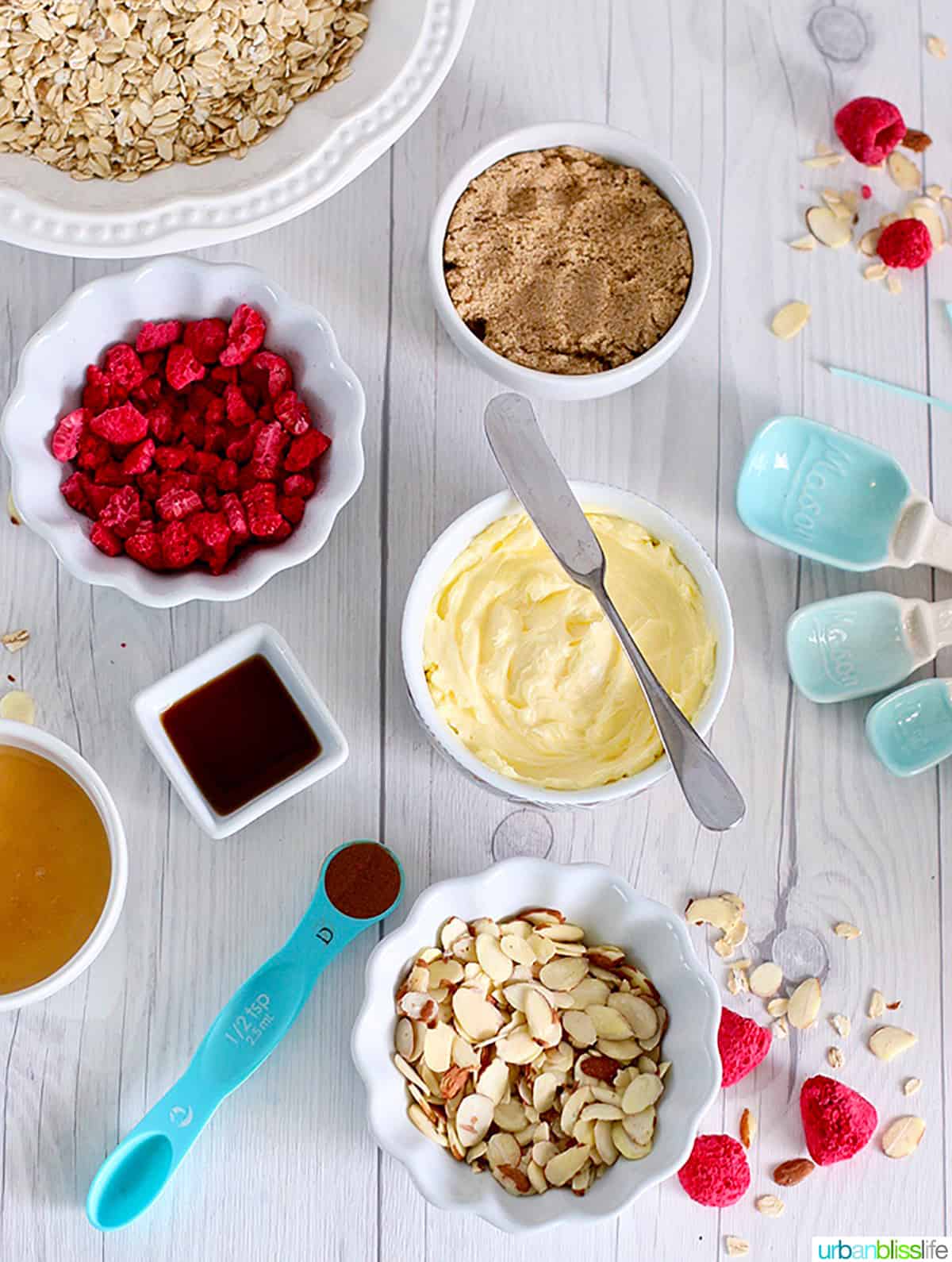 ingredients to make honey almond granola.