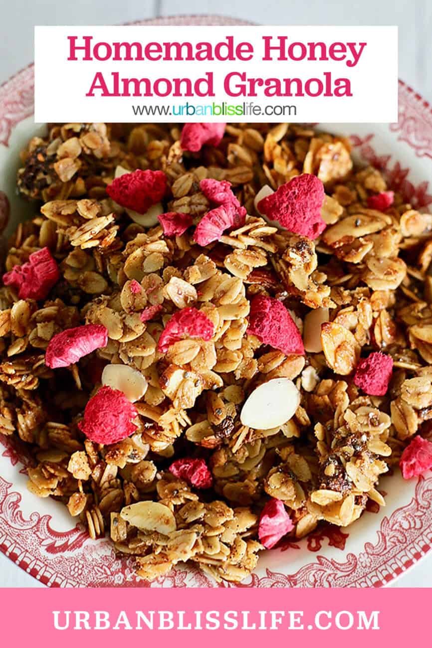 bowl of honey almond granola with title text overlay.