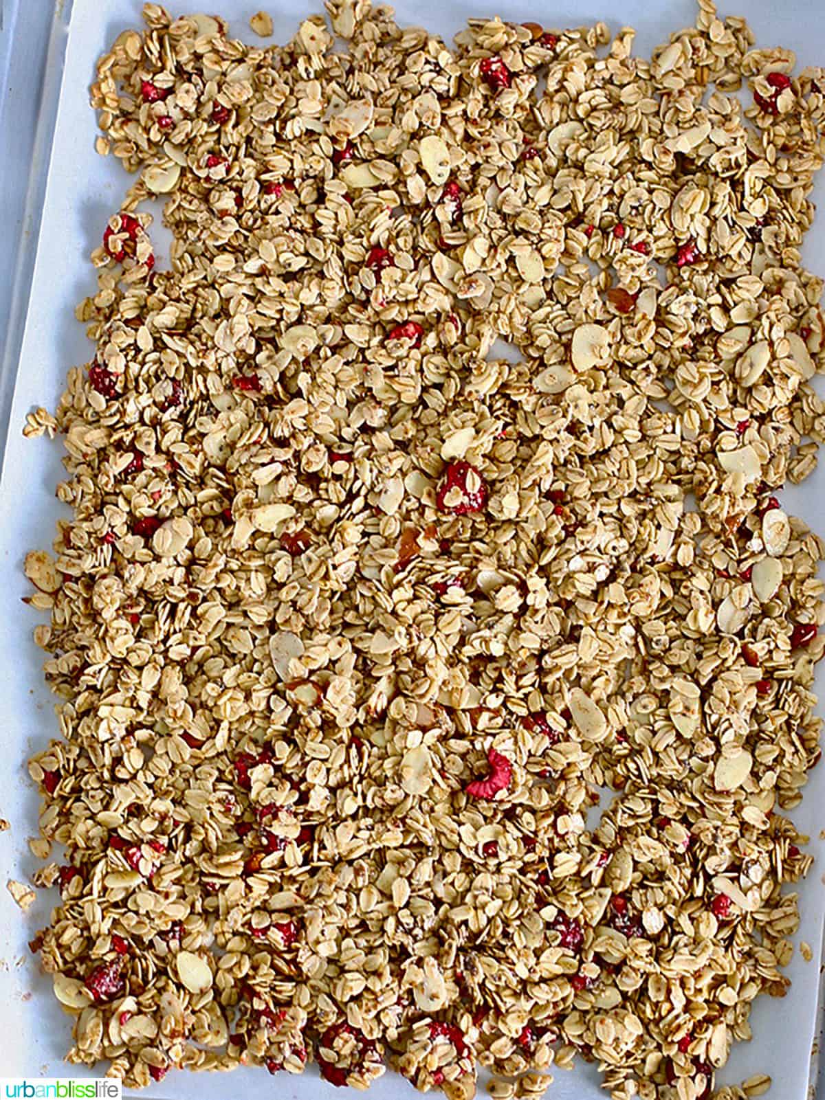 homemade honey almond granola on a baking sheet.