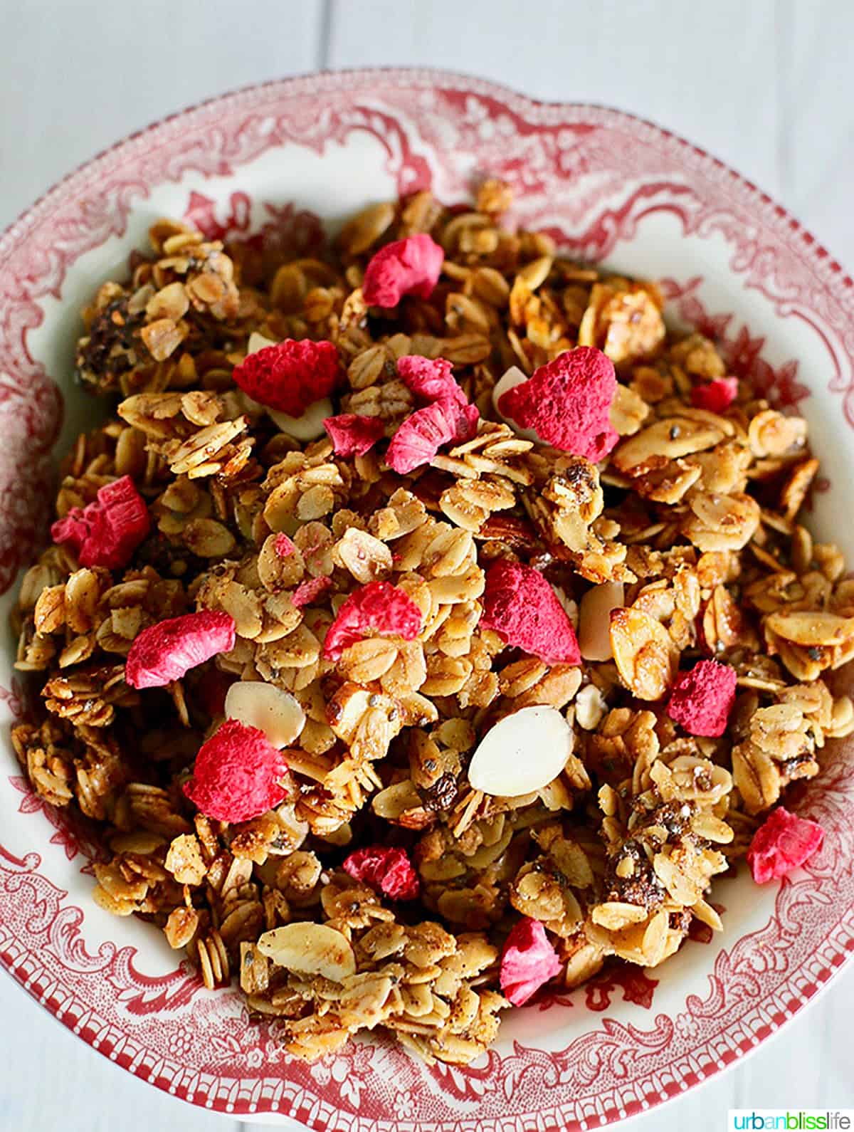 honey almond granola in a bowl.