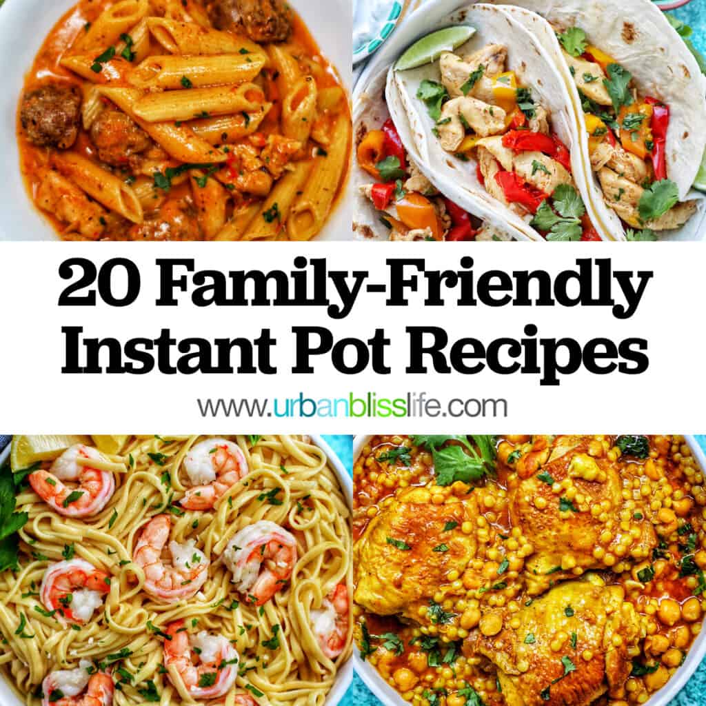 collage of pasta, fajitas, shrimp scampi, and moroccan chicken with title text overlay.