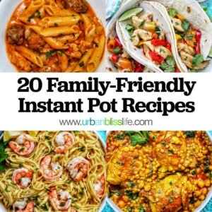 collage of pasta, fajitas, shrimp scampi, and moroccan chicken with title text overlay.