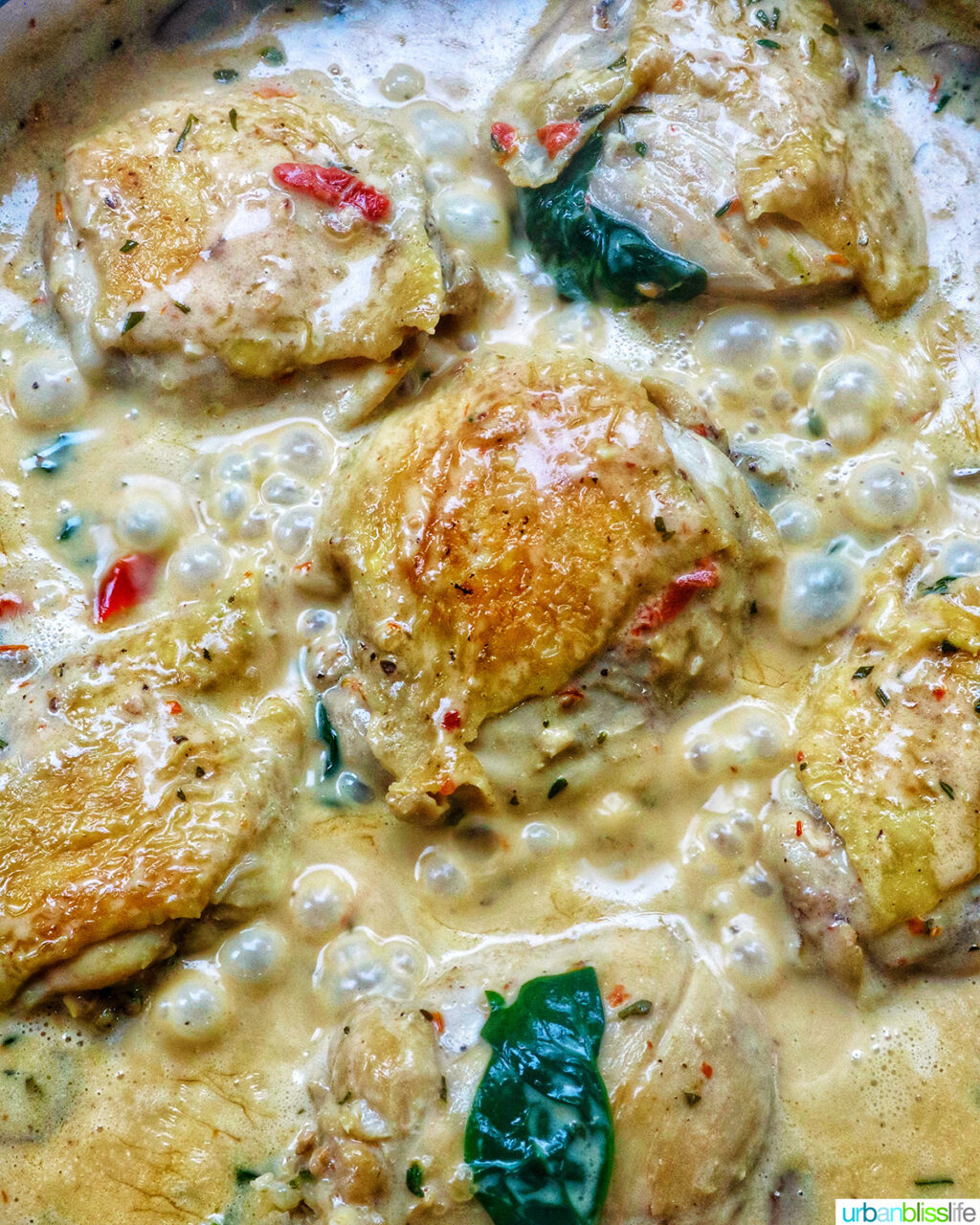 pan with dairy free marry me chicken thighs in a rich mushroom sun-dried tomato sauce.