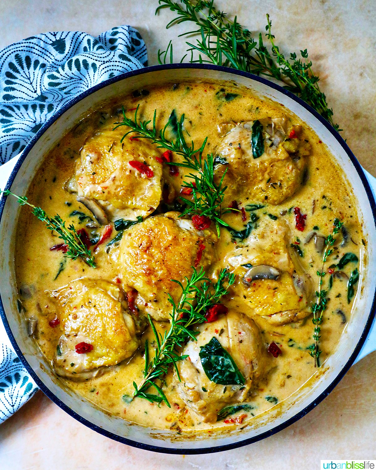 pan with dairy free marry me chicken thighs in a rich mushroom sun-dried tomato sauce.