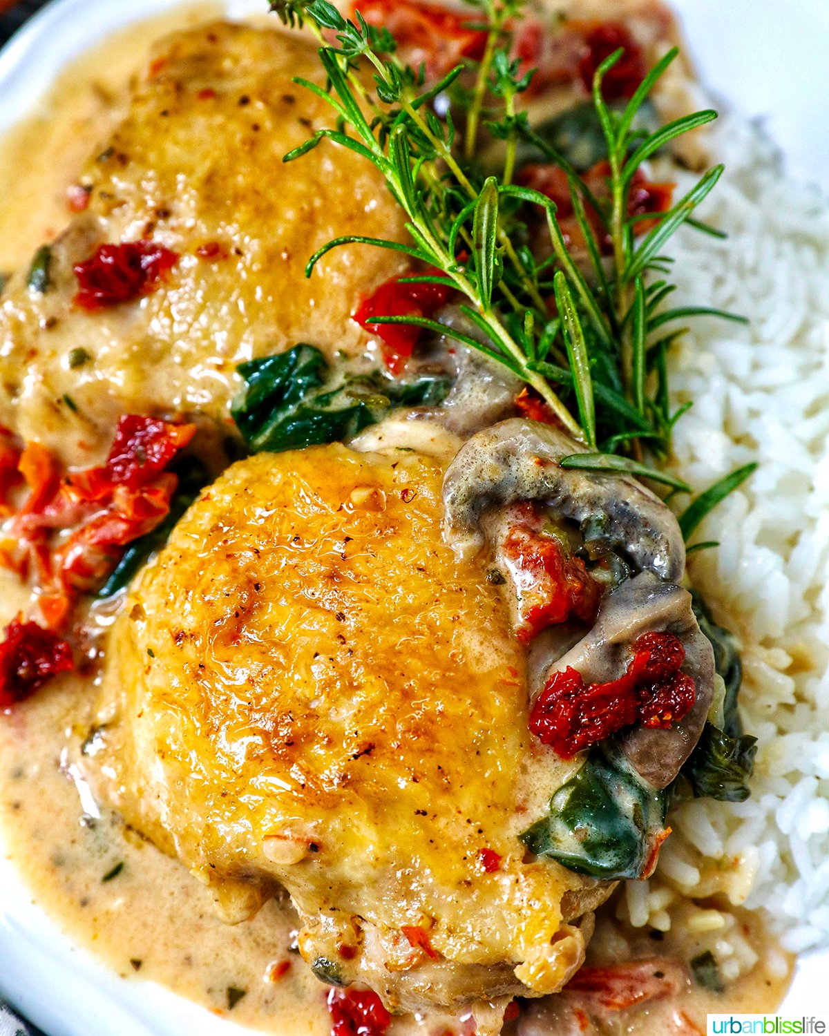 pan with dairy free marry me chicken thighs in a rich mushroom sun-dried tomato sauce with a side of rice.