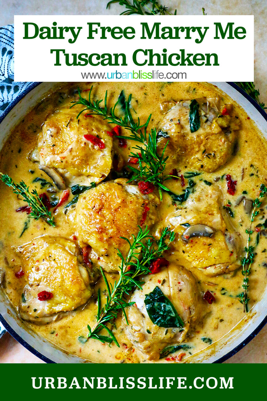 pan with dairy free marry me chicken thighs in a rich mushroom sun-dried tomato sauce.