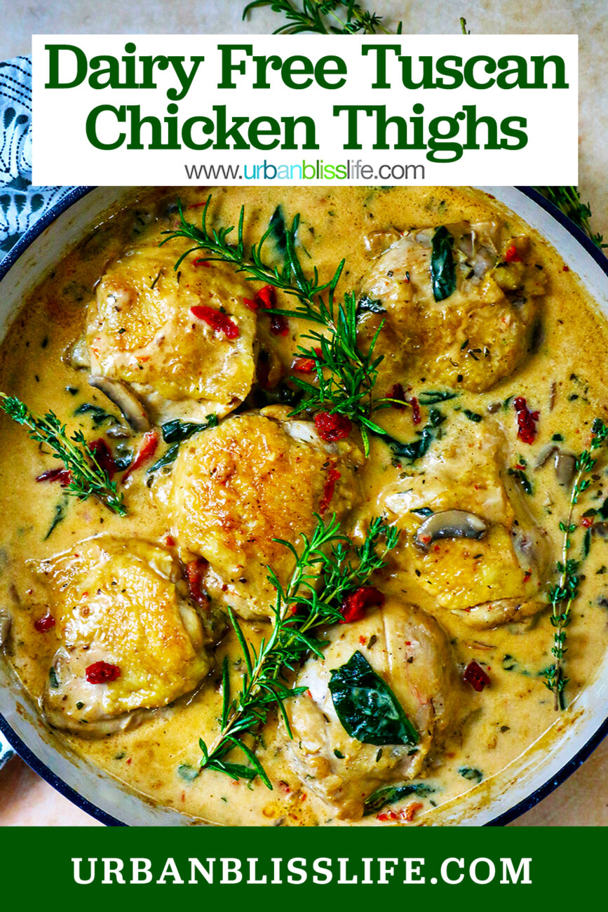 pan with dairy free marry me chicken thighs in a rich mushroom sun-dried tomato sauce.