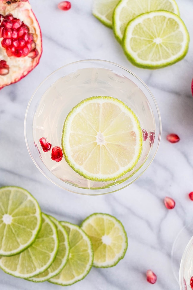 Pomegranate Lime Gimlet 20 Festive Winter Party Cocktails on UrbanBlissLife.com