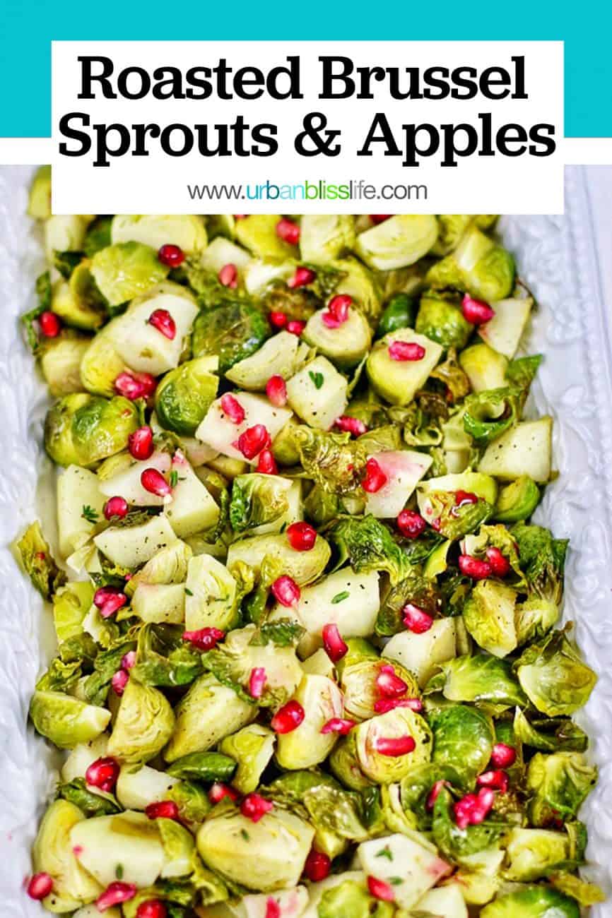 serving platter with roasted brussels sprouts, apples, pomegranate and title text