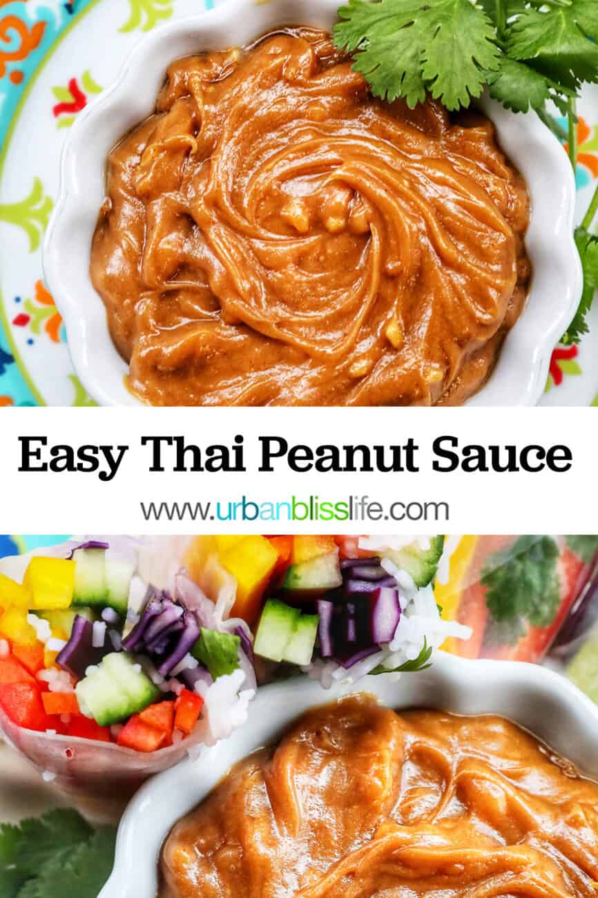 Thai peanut sauce in a white bowl with rainbow spring rolls on the side and cilantro leaves with text that reads Easy Thai Peanut Sauce.
