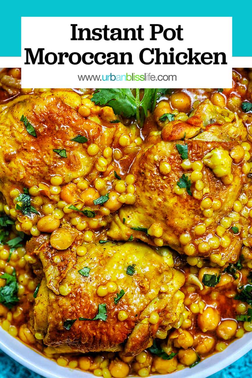 Instant Pot Moroccan Chicken with title text at top with blue bar