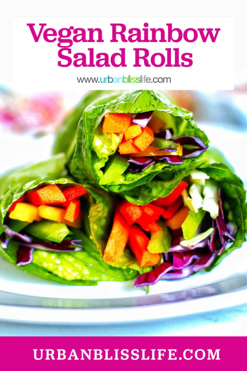 three rainbow salad rolls stacked on a plate.