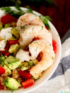 shrimp avocado brown rice bowl shrimp close up