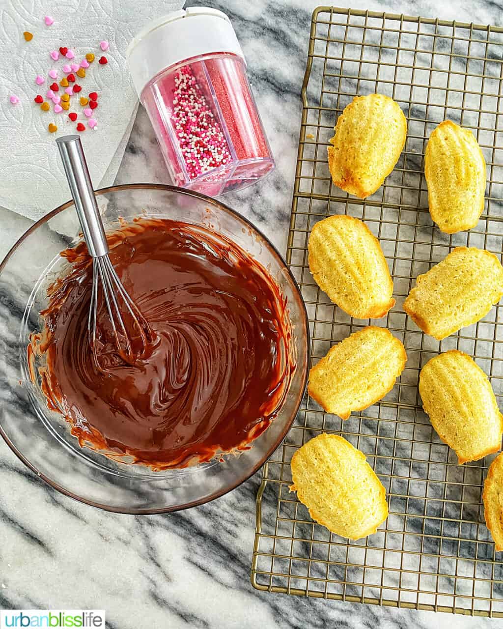 making chocolate dipped madeleines