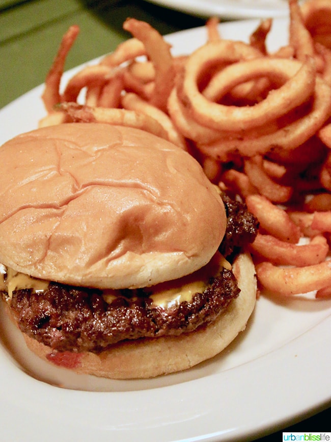 burger and curly fries at Suttle Lodge in Sisters, Oregon