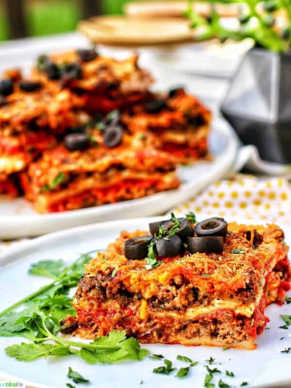 Mexican lasagna slice with more slices in the background