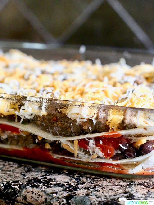 Mexican Lasagna layered in pan
