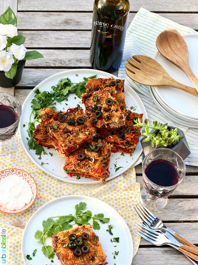 Mexican Lasagna tablesetting with wine