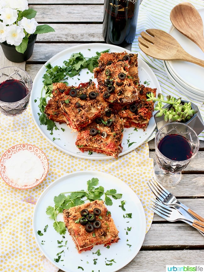 Mexican Lasagna tablesetting with wine