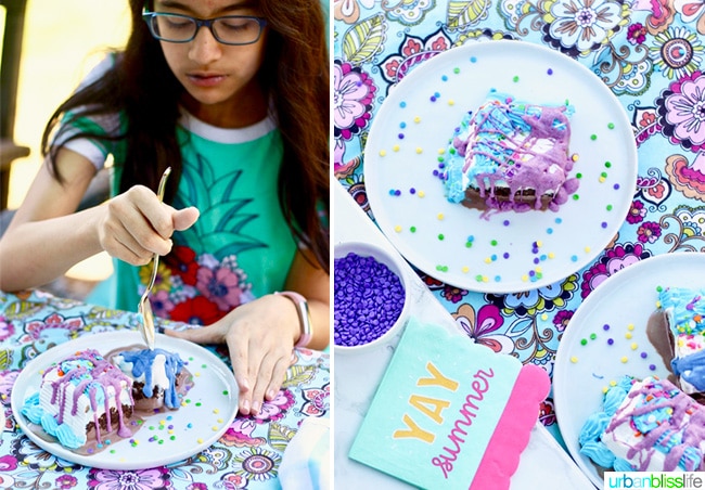 eating ice cream cake and homemade magic shell