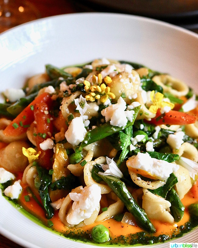 close up of spring pasta with asparagus and other veggies in a white bowl.