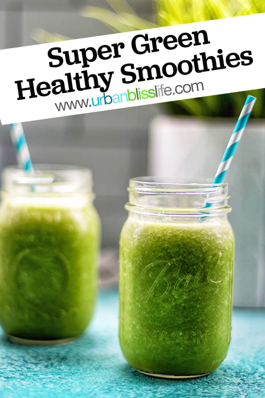 two jars of green smoothies with title text