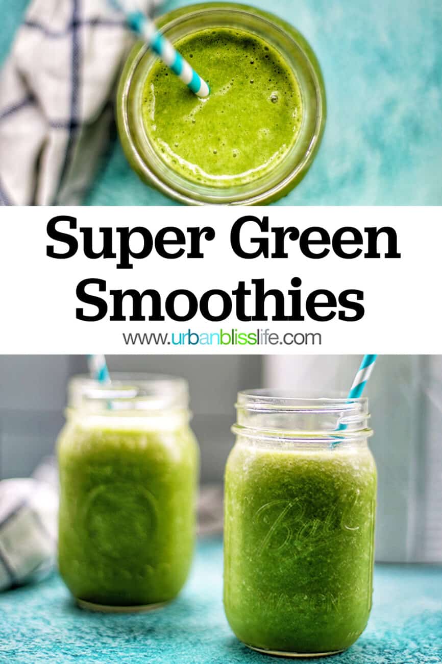 two jars of green smoothies with title text