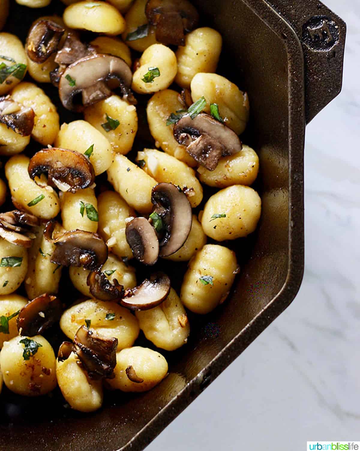 cast iron skillet with gnocchi, mushrooms, basil.