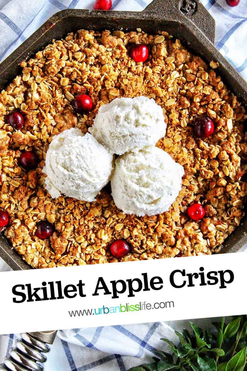 skillet apple cranberry crisp with three scoops of vanilla ice cream