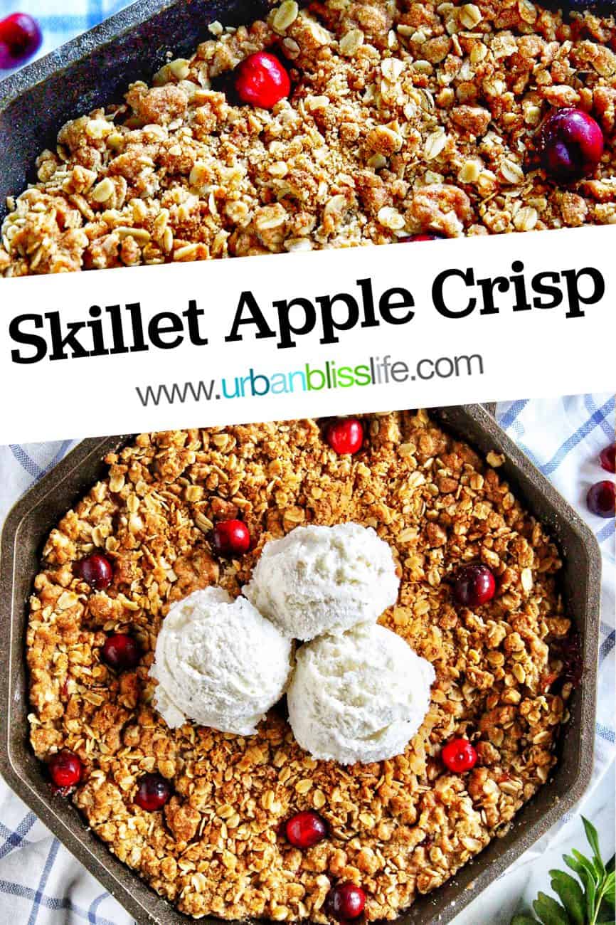 skillet apple cranberry crisp with three scoops of vanilla ice cream with title text overlay