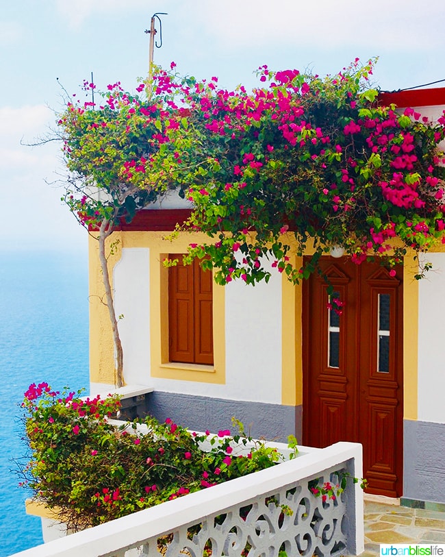 white and yellow house with flowers on Karpathos, Greece