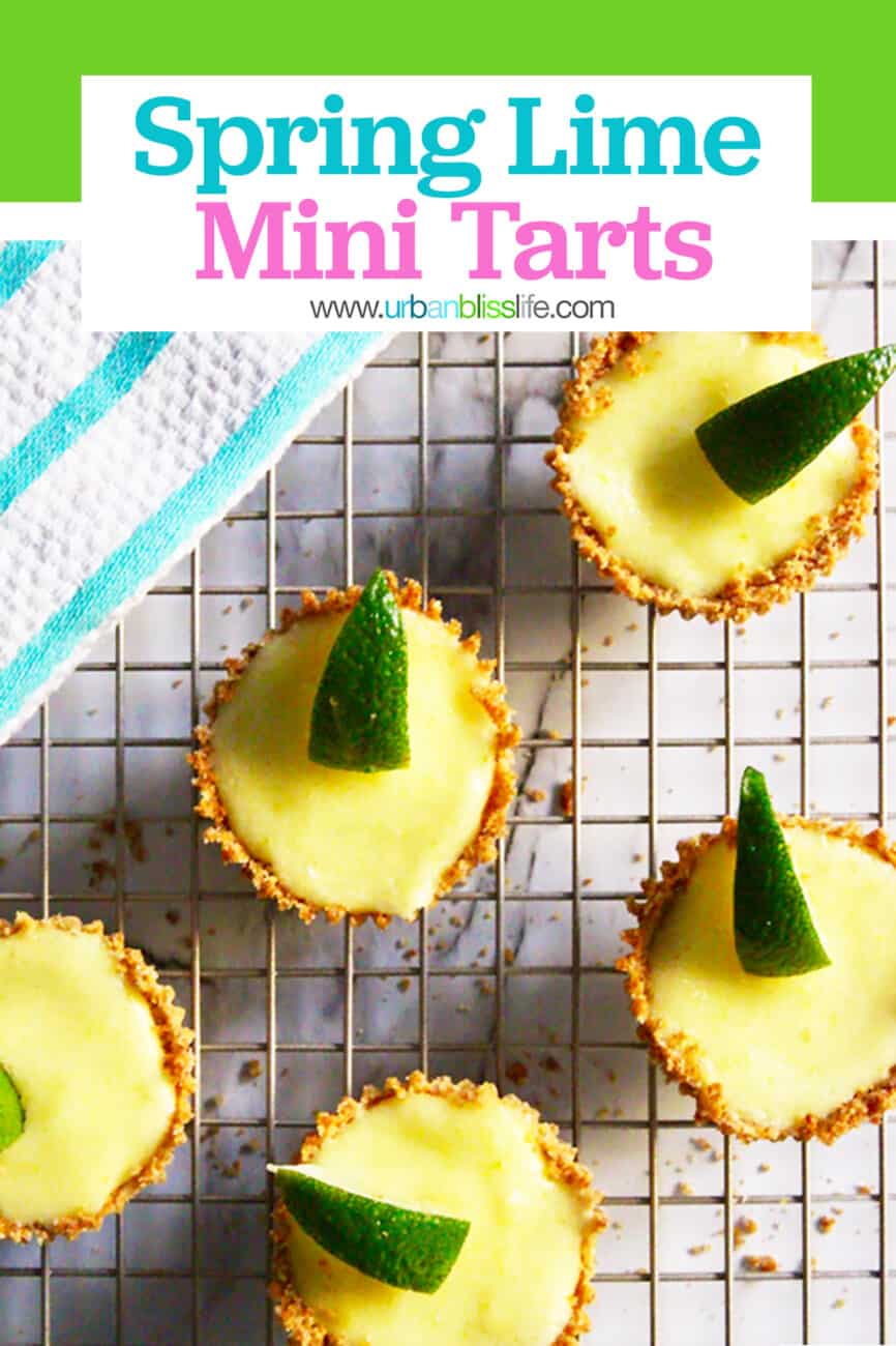 cute mini lime tarts on a cooling rack with text for Pinterest